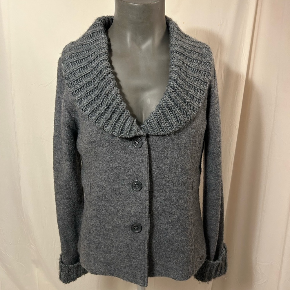 s.Oliver Grey Wool-Blend Shawl Collar Button Cardigan (Size 12)